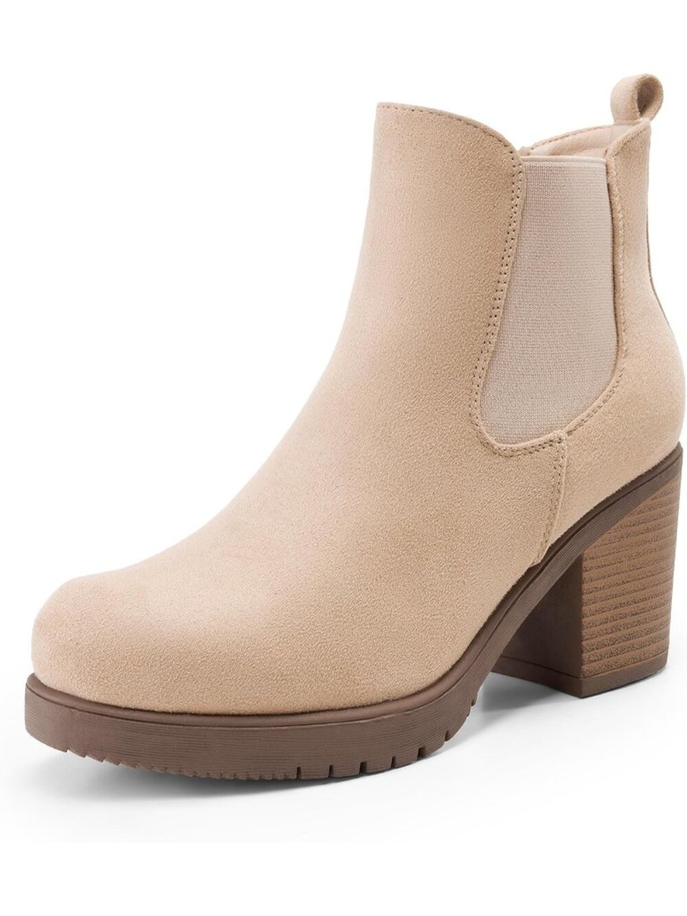 Women's Nude Suede Chunky Block Heel Round Toe Casual Chelsea Ankle Boots